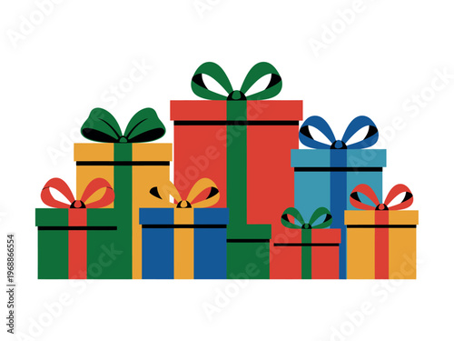 A colorful arrangement of wrapped gifts with ribbons and bows on a plain white background.