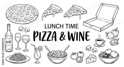 Lunch time pizza and wine set with pasta and salad sketch