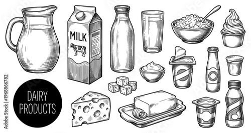 Dairy product set with milk bottle cheese and butter sketch