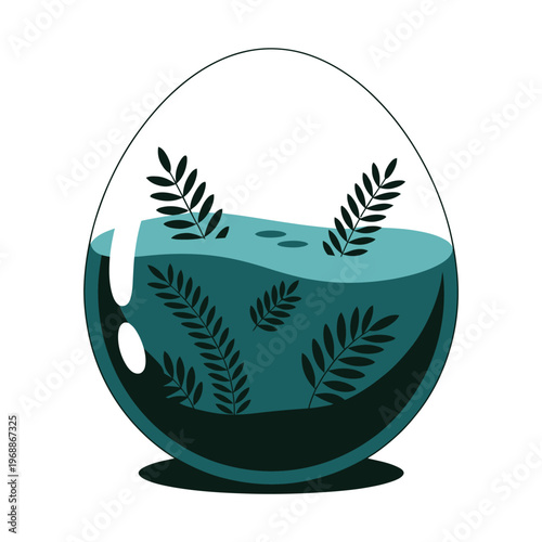 A serene illustration of a teal-colored fishbowl with lush green plants and a clean minimalist design.