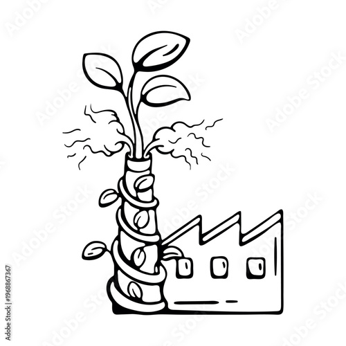 Sustainable factory vector icon. Hand drawn doodle illustration of eco plant growing from industrial chimney. Green manufacturing practices and environmental protection for clean production