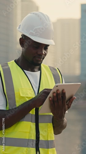 African American man in hard hat reviews building project plan on smart tablet against modern city embankment. Black male builder in vest works standing on pedestrian zone