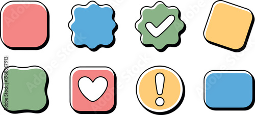 Colorful rounded square stickers with drop shadow effect containing heart check mark and exclamation icons set.