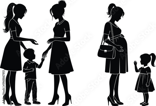 Black silhouette of mother and child interaction with pregnant woman scene, family life stages, parenting concept vector illustration isolated on white background
