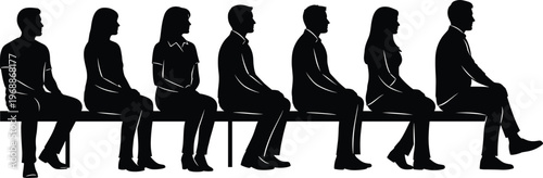 Black silhouette of people sitting in a row on bench, waiting line concept, queue and public waiting area vector illustration isolated on white background