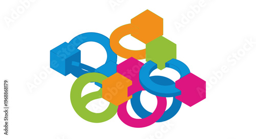Colorful interlocking geometric shapes forming a complex structure.