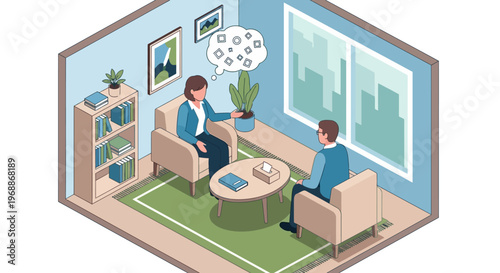 Therapist and patient in a counseling session isometric view.