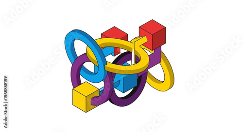 Abstract colorful interlocking geometric shapes and cubes.