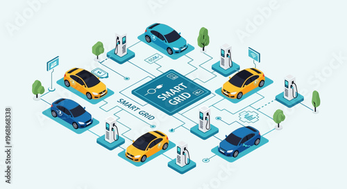 Electric Cars Connected to Smart Grid Charging Stations.