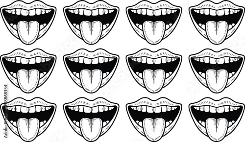 Pattern of mouths with tongues sticking out isolated on a white background for graphic design elements