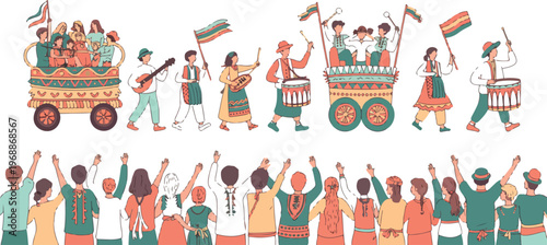 Parade of traditional folk performers and musicians playing drums and guitars with crowd of people watching.