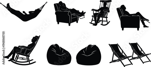 Black silhouette set of people relaxing on hammock, armchair, rocking chair and deck chairs, leisure lifestyle concept vector illustration isolated on white background