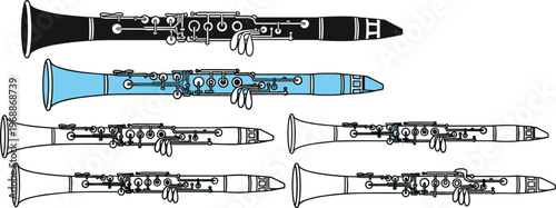 Classical woodwind clarinet musical instrument vector illustration set in various styles for orchestra jazz and music education..eps