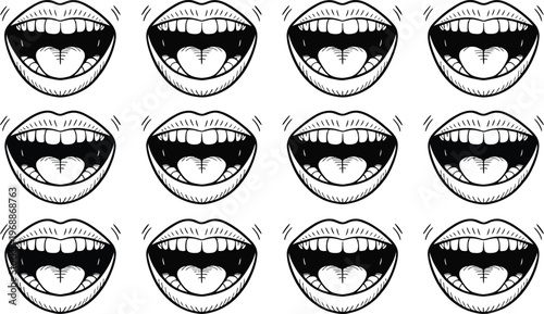 Stylized illustration of multiple open mouths with tongues and teeth isolated on a transparent background