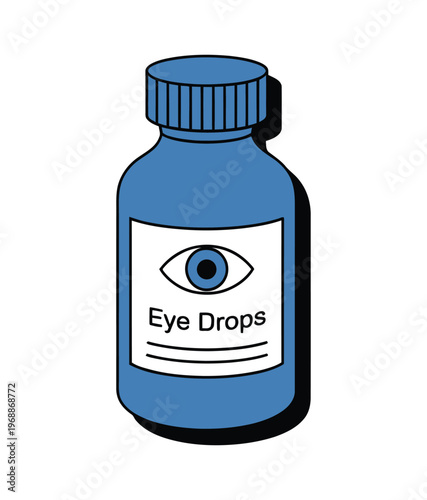 A cartoon illustration of a blue bottle of eye drops with a white label and a drawing of an eye.
