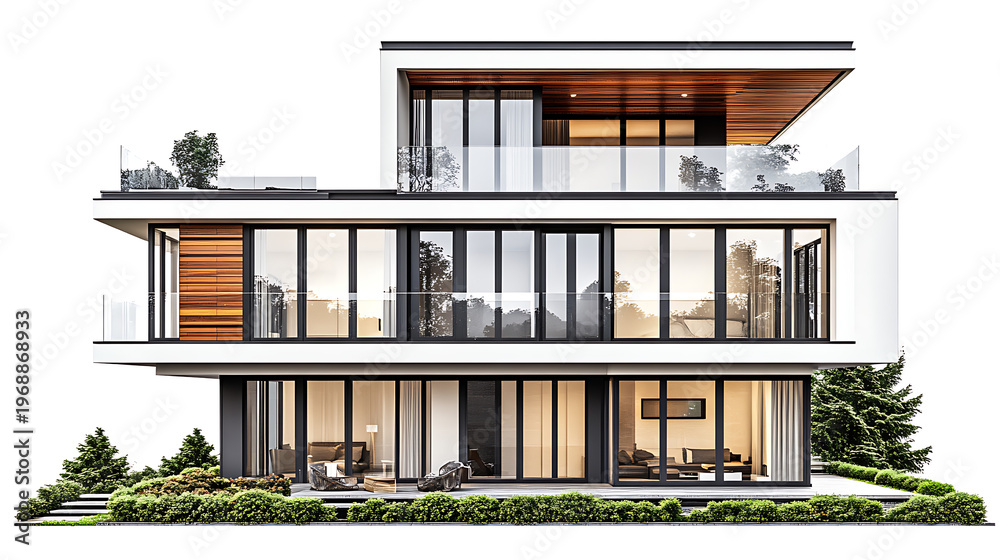 Fototapeta premium A modern multi-story house with large windows and a balcony on a white background