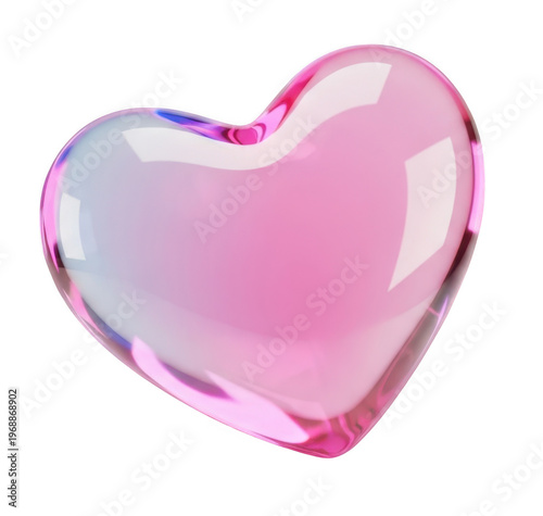 Pink heart shaped glass object, shiny and reflective, on transparent background, symbolizing love