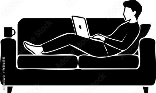Man working on laptop while relaxing on sofa, work from home lifestyle and comfortable remote work silhouette