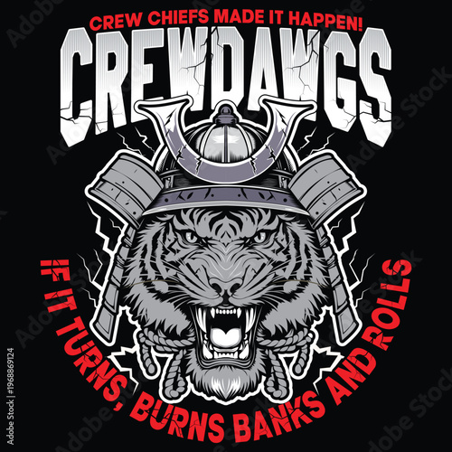 Fierce tiger in Japanese samurai armor, military style t-shirt design.