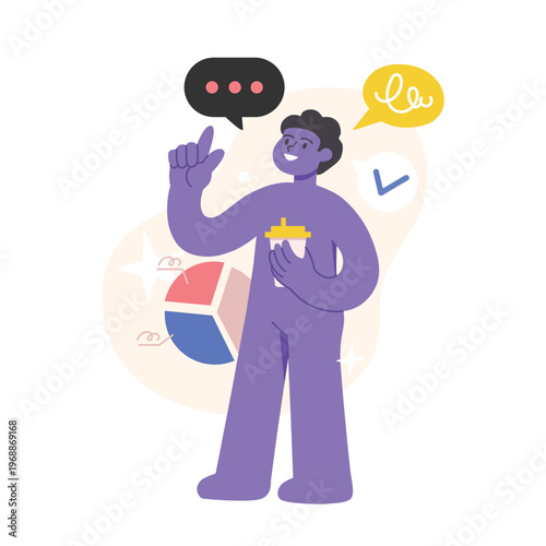 Concept for a business presentation, mentoring, lecture, or speech. Character with a cup of coffee talks about business goals and plans.