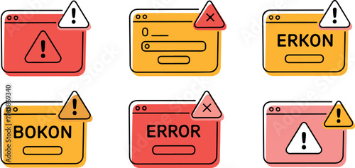 Set of flat design error and alert icons with warning symbols and notification messages.