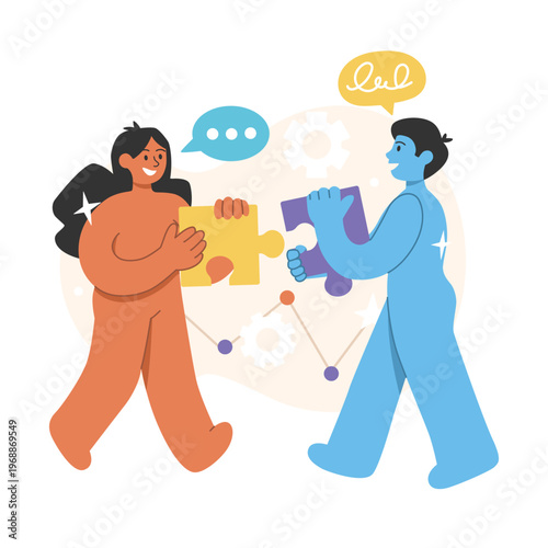 Concepts of collaboration, business communication, strategy development, and business analytics. Characters with different puzzle pieces try to connect them.