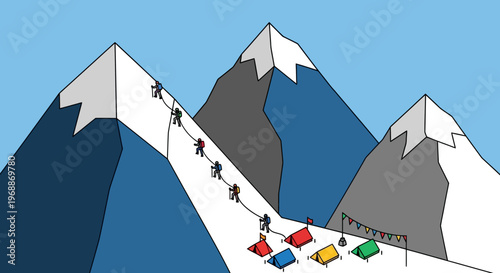 Climbers Ascend Snowy Mountain Peaks with Tents Below.