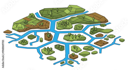 Abstract representation of a river delta system with islands and landmasses.
