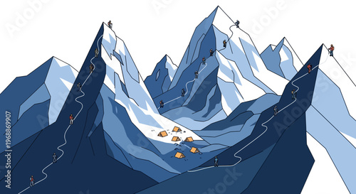 Climbers ascend treacherous snowy mountain peaks with a base camp below.