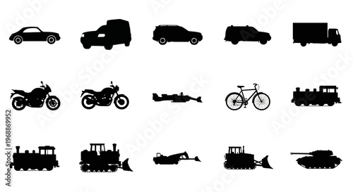 Diverse silhouettes of transportation and heavy machinery isolated on a white background showcasing cars trucks motorcycles bicycles trains airplanes and construction equipment