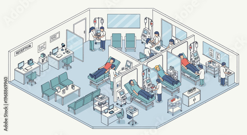 Isometric view of a busy dental clinic with patients and dentists.