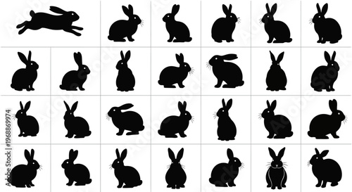 Collection of black silhouette easter bunny rabbit icons and vector graphics displayed in a grid for spring holiday design and celebration concepts