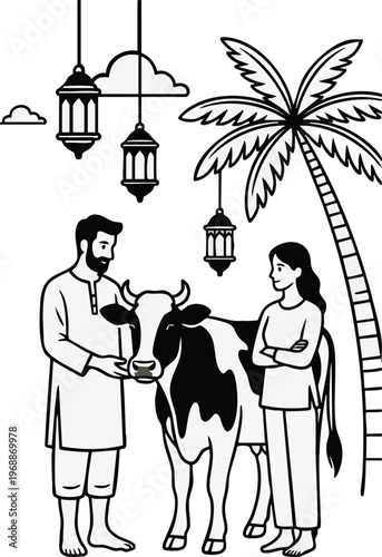 A man and a woman standing with a cow under a palm tree with decorative lanterns, black and white line art illustration