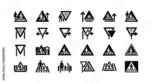 Collection of diverse pedestrian crossing and traffic warning symbols including various road safety signs for crosswalks traffic flow direction and pedestrian guidance presented
