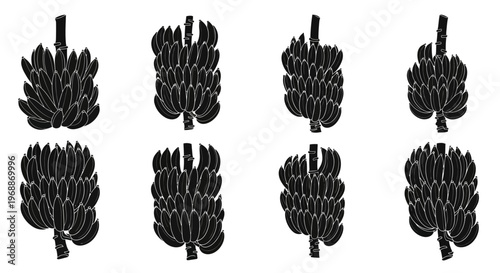 Collection of stylized black and white illustrations of banana bunches showcasing variations in shape and arrangement against a clean white background perfect for graphic design