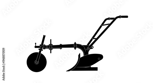 Vintage single wheel plow with metal frame and curved blade isolated on a clean white background representing agricultural history and traditional farming equipment