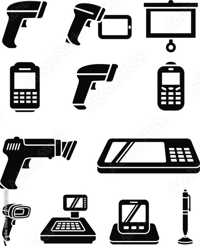 Collection of barcode scanner and scale icons with point of sale with black and white with cash register