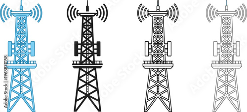 Telecommunication Tower Icon Set Vector Illustration for Radio Antenna Wireless Network Signal Transmission Technology and Mobile Communication.eps