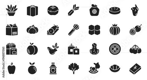Collection of diverse food and object icons representing cooking gifts and healthy eating on a clean grid background versatile for graphic design and web use