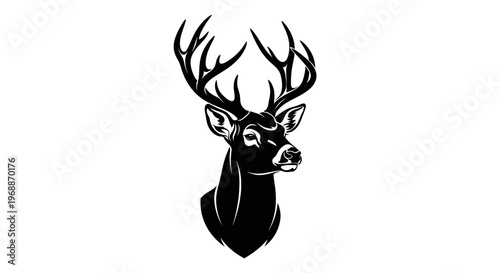 Majestic stag head silhouette with large antlers symbolizing wilderness nature and the spirit of the forest presented in a bold graphic style against a clean white background