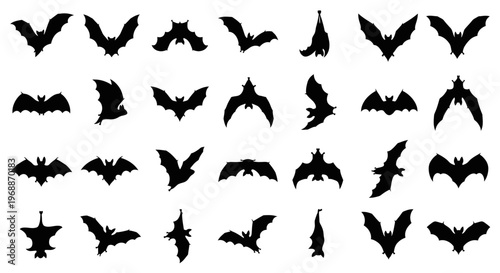 Collection of diverse black silhouette bat icons and symbols for halloween night creatures and mysterious themes isolated on white background flying and perched poses vector