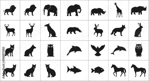 Collection of diverse animal silhouettes representing wildlife and nature including majestic lions elephants rhinos giraffes deer bears rabbits foxes wolves owls dolphins eagles