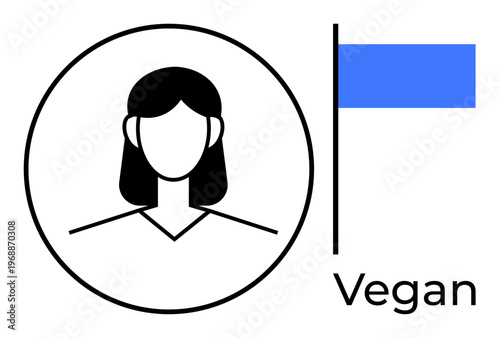 Veganism, ethical eating, identity, eco-friendly choices, dietary preference, lifestyles. Outline of a female avatar near a blue flag with text Vegan. Veganism and ethical eating concept