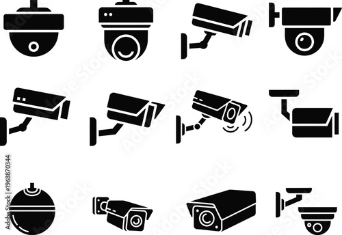 Assortment of security camera icons with dome camera with bullet camera with turret camera with black and whit