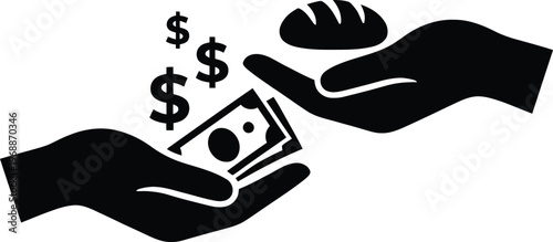 Silhouette of hands exchanging money and bread with dollar signs floating above Keywords: money, cash