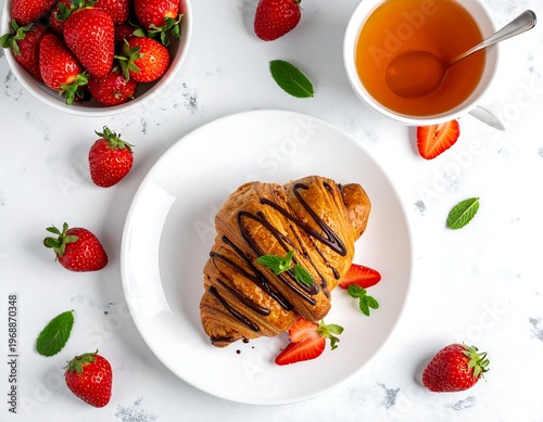 Overhead shot of breakfast with a croissant and fresh strawberries, tea, and mint