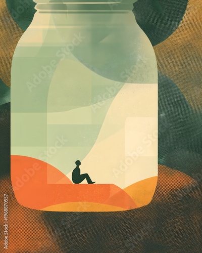 Risograph print of solitary figure seated inside large glass jar with muted sage green and terracotta palette, halftone patterns, anxiety and isolation concept