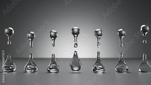 Abstract liquid metal droplets and ice cubes in motion on a reflective surface