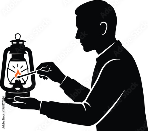 Man lighting an old kerosene lantern with a matchstick in silhouette against a white background