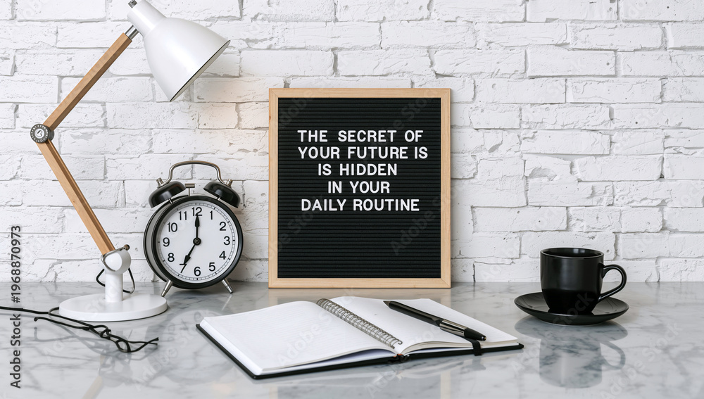 Obraz premium A well-organized modern desk setup featuring a motivational letter board, an alarm clock, and an open notebook, inspiring focus and productivity for daily routines.